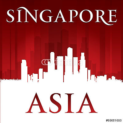 Szingapúr Ázsia város látképe sziluettje piros háttér (poszter) - vászonkép, falikép otthonra és irodába