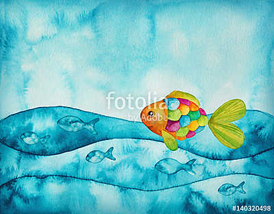 Színes hal hullámokban (akvarell) (többrészes kép) - vászonkép, falikép otthonra és irodába