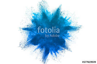 Freeze motion of blue powder explosions isolated on white background (poszter) - vászonkép, falikép otthonra és irodába