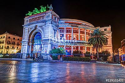 Éjszakai kilátás a Politeama Garibaldi színházra Palermo, Szicíl (fotótapéta) - vászonkép, falikép otthonra és irodába