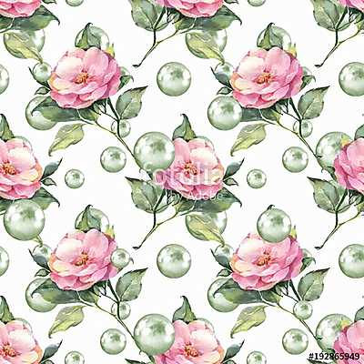 Watercolor floral seamless pattern. Flowers and pearls (fotótapéta) - vászonkép, falikép otthonra és irodába