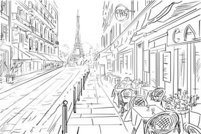 Párizsi utcák, éttermi teraszokkal, Eiffel toronnyal (fotótapéta) - vászonkép, falikép otthonra és irodába