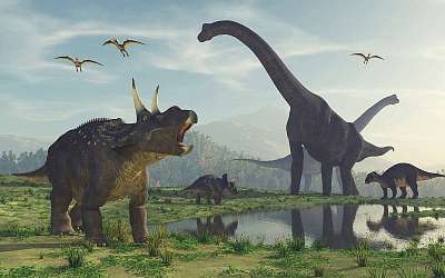 Dinoszauruszok találkozása (többrészes kép) - vászonkép, falikép otthonra és irodába