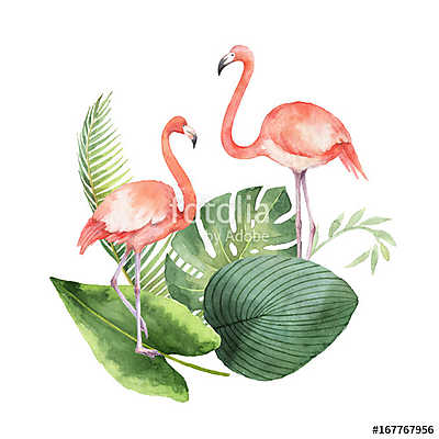Watercolor card of tropical leaves and the pink Flamingo isolate (keretezett kép) - vászonkép, falikép otthonra és irodába
