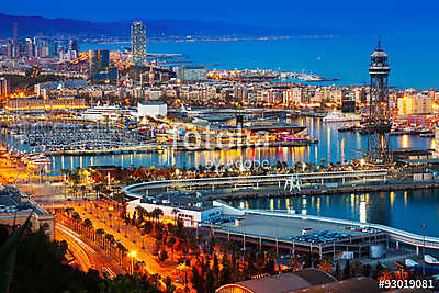  Port in Barcelona during evening. Catalonia, (vászonkép óra) - vászonkép, falikép otthonra és irodába