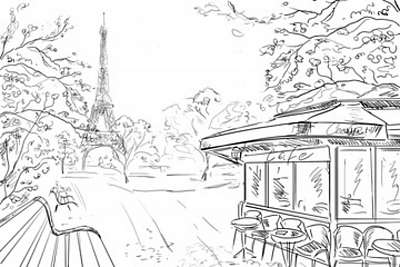 Párizs, park rálátással az Eiffel-toronyra (keretezett kép) - vászonkép, falikép otthonra és irodába