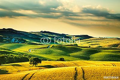 Toszkána tavaszi, dombjai a naplementében. Volterra vidéki tájke (fotótapéta) - vászonkép, falikép otthonra és irodába