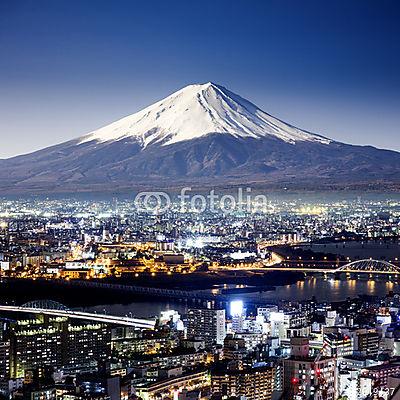 Mount Fuji. Fujiyama. Aerial view with cityspace szürreális lövé (keretezett kép) - vászonkép, falikép otthonra és irodába
