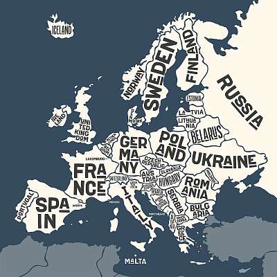 Európa poszter, országnevekkel (keretezett kép) - vászonkép, falikép otthonra és irodába