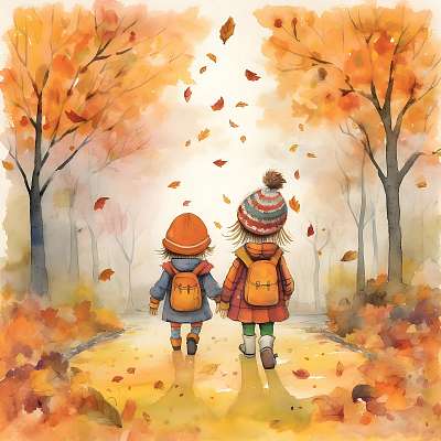 Gyerekek kézenfogva iskolába mennek az őszi parkon keresztül (poszter) - vászonkép, falikép otthonra és irodába
