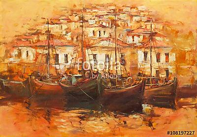 Csónakok a sziget kikötőjén, kézzel készített festészet (többrészes kép) - vászonkép, falikép otthonra és irodába