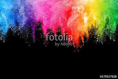 Freeze motion of colored powder explosions isolated on black background (poszter) - vászonkép, falikép otthonra és irodába