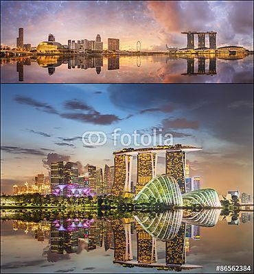 Szingapúr sziluettje és kilátás Marina Bay-ban (többrészes kép) - vászonkép, falikép otthonra és irodába