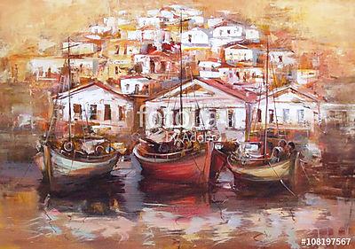 Csónakok a sziget kikötőjén, kézzel készített festészet (többrészes kép) - vászonkép, falikép otthonra és irodába