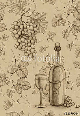 Borospalack és pohár szőlő fürttel és szőlőindákkal tollrajz (fotótapéta) - vászonkép, falikép otthonra és irodába