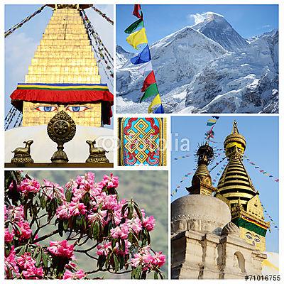 Collage of popular Nepalese travel destinations - Kathmandu vall (vászonkép óra) - vászonkép, falikép otthonra és irodába