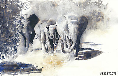 Elefántok akvarell festés afrikai szafari (többrészes kép) - vászonkép, falikép otthonra és irodába