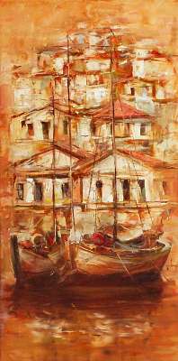 Csónakok a sziget kikötőjén, kézzel készített festészet (bögre) - vászonkép, falikép otthonra és irodába
