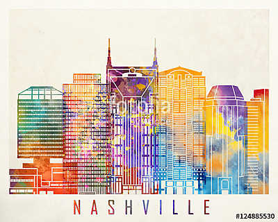 Nashville landmarks watercolor poster (többrészes kép) - vászonkép, falikép otthonra és irodába