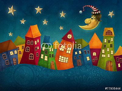 Színes házak éjszaka (többrészes kép) - vászonkép, falikép otthonra és irodába