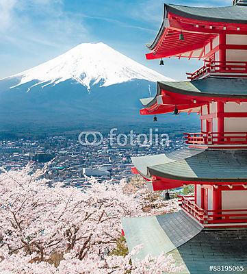 Chureito pagoda, háttér Fuji Mountain, Japán (keretezett kép) - vászonkép, falikép otthonra és irodába