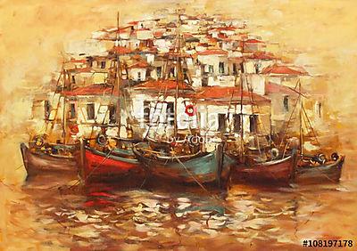 Csónakok a sziget kikötőjén, kézzel készített festészet (keretezett kép) - vászonkép, falikép otthonra és irodába