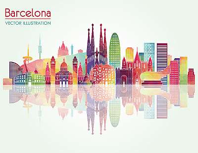 Barcelona skyline detailed silhouette. Vector illustration (többrészes kép) - vászonkép, falikép otthonra és irodába