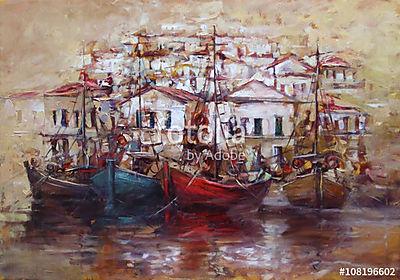 Csónakok a sziget kikötőjén, kézzel készített festészet (bögre) - vászonkép, falikép otthonra és irodába