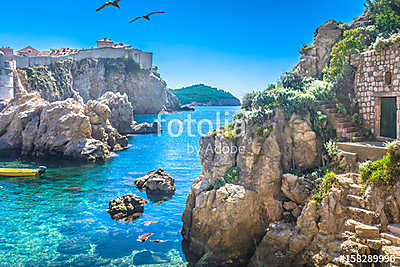 Adriatic sea bay Dubrovnik. / Marble hidden bay in old city center of famous town Dubrovnik, scenery of Game of Thrones, Croatia (poszter) - vászonkép, falikép otthonra és irodába