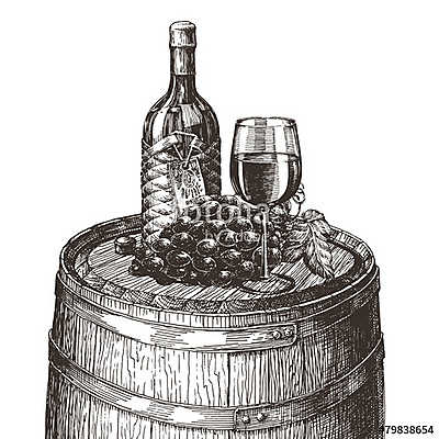 Boros üveg pohárral és szőlővel egy hordón (fotótapéta) - vászonkép, falikép otthonra és irodába