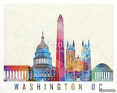 Washington DC landmarks watercolor poster (keretezett kép) - vászonkép, falikép otthonra és irodába