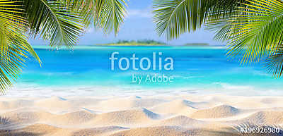 Tropical Sand With Palm Leaves And Paradise Island 
 (fotótapéta) - vászonkép, falikép otthonra és irodába