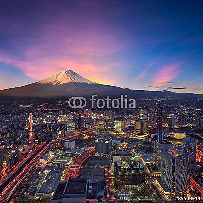 Szürkületi kilátás Yokohama város és Mt. Fuji (fotótapéta) - vászonkép, falikép otthonra és irodába