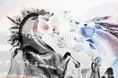Absztrakt lovak festménye (akvarell) (poszter) - vászonkép, falikép otthonra és irodába