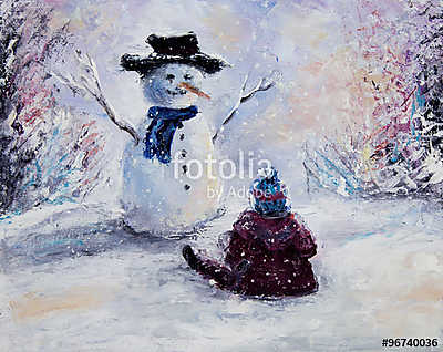 A hóember és a gyermek (fotótapéta) - vászonkép, falikép otthonra és irodába