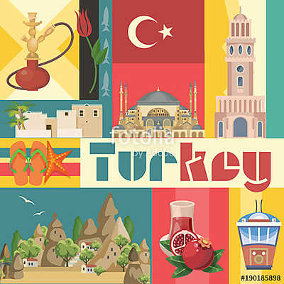 Törökország vektoros vakáció illusztráció turkiai tereptárgyakka (keretezett kép) - vászonkép, falikép otthonra és irodába