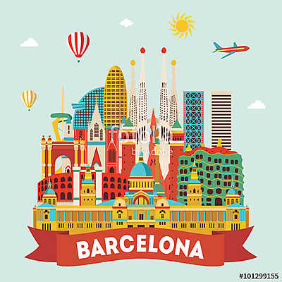 Barcelona detailed silhouette. Vector illustration (többrészes kép) - vászonkép, falikép otthonra és irodába