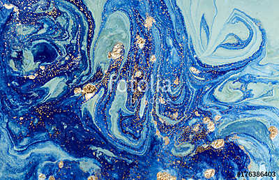Marbled blue abstract background with golden sequins. Liquid marble ink pattern. (keretezett kép) - vászonkép, falikép otthonra és irodába