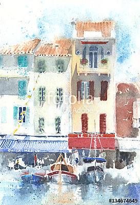 Kis kikötő a Francia riviérán - akvarell (fotótapéta) - vászonkép, falikép otthonra és irodába