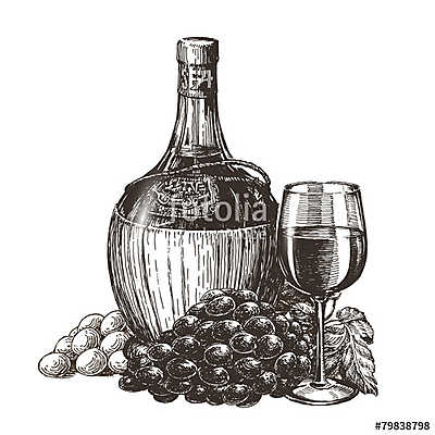 Régies borosüveg, szőlőfürttel, pohárral (bögre) - vászonkép, falikép otthonra és irodába