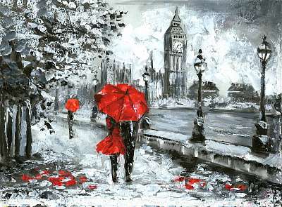 Szerelmes pár esernyővel London, Big Ben (olajfestmény reprodukció) (poszter) - vászonkép, falikép otthonra és irodába