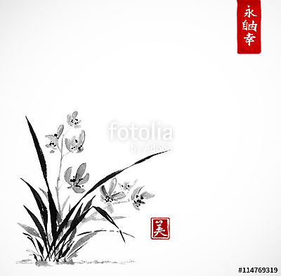 Vad orchidea a réten. A hagyományos japán festékfestés sumi-e (többrészes kép) - vászonkép, falikép otthonra és irodába
