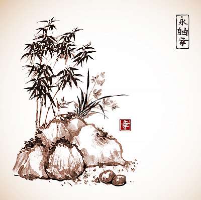 Kis bambuszfa és vad orchidea a sziklákon. A hagyományos japánok (poszter) - vászonkép, falikép otthonra és irodába