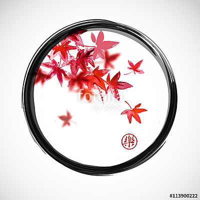 Piros japán juharlevél fekete enso zen körben Tartalmaz hier (keretezett kép) - vászonkép, falikép otthonra és irodába