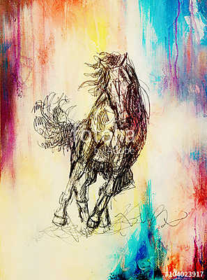 Draw pencil horse on old paper, vintage paper and old structure  (poszter) - vászonkép, falikép otthonra és irodába