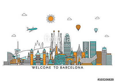 Barcelona detailed Skyline. Travel and tourism background. Vecto (keretezett kép) - vászonkép, falikép otthonra és irodába