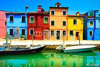 Velence,Burano sziget-csatorna, színes kikötő házai (fotótapéta) - vászonkép, falikép otthonra és irodába