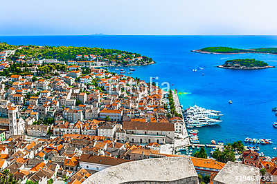 Hvar Mediterranean summer sea. / Aerial view at summer vivid colorful scenery in Croatia, Hvar town, famous luxury travel destin (fotótapéta) - vászonkép, falikép otthonra és irodába