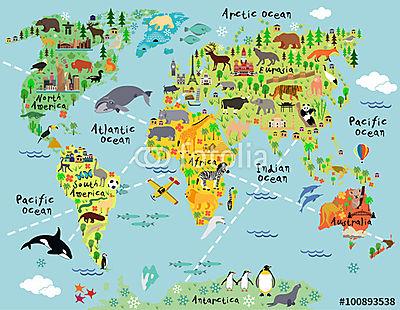 Állatos világtérkép gyerekeknek (fotótapéta) - vászonkép, falikép otthonra és irodába