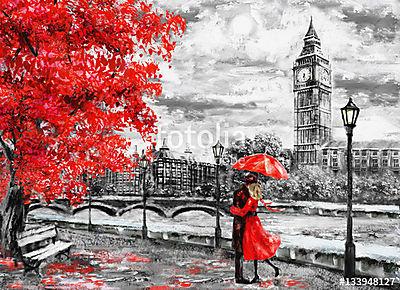 Szerelmes pár, London, Big Ben (olajfestmény reprodukció) (vászonkép óra) - vászonkép, falikép otthonra és irodába